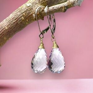 Handcrafted Natural Rose de France Amethyst Earrings 14K White Gold, NEW